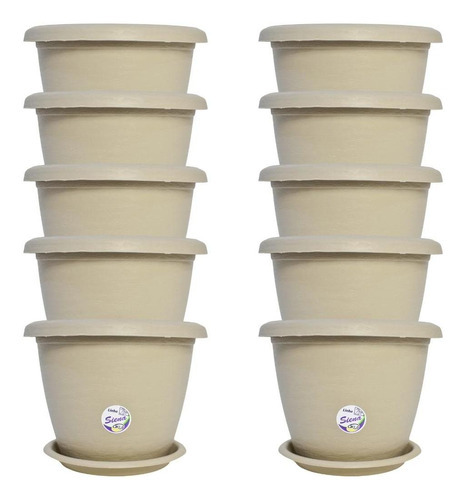 10 Vasos Siena Redondo 20cm Com Pratos Para Flores Plantas Cor Bege