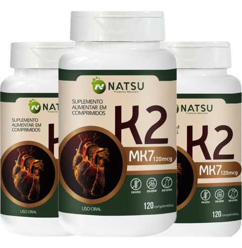 Kit 3x Vitamina K2 Mk7 120mcg - Ossos Mais Fortes Natsu 120 