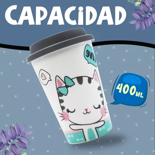 Vaso Termo Para Café Con Tapa Porcelana Diseño Gato 400ml