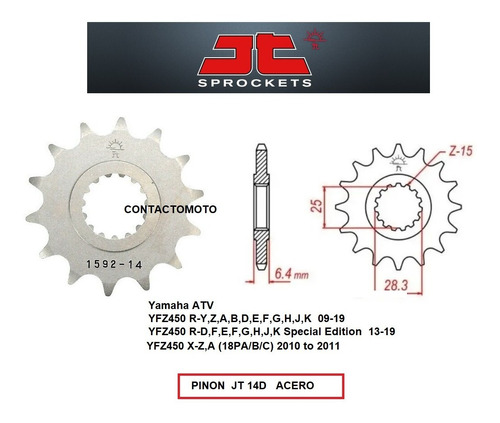 Piñon 14 Dientes Yamaha Cuatri Yfz 450 R 09 Al 19 Jt