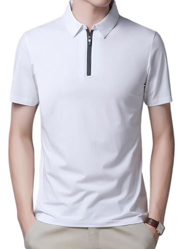 Playera De Seda Con Cremallera Para Hombre Polos Casual Cam2