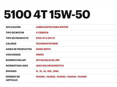 Imagen 2 de 3 de Aceite Motul Para Motocicleta 4t 5100 15w50 Technosin 1 L