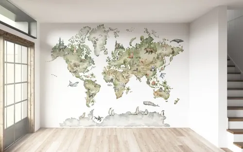 Vinil Adhesivo Fotomural Mapa Mundi Animales | Meses sin interés