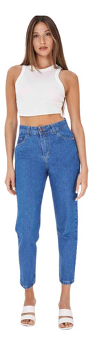 Jeans De Mujer Mom Cropped Azul Tiro Alto Rígido Lindo Calce