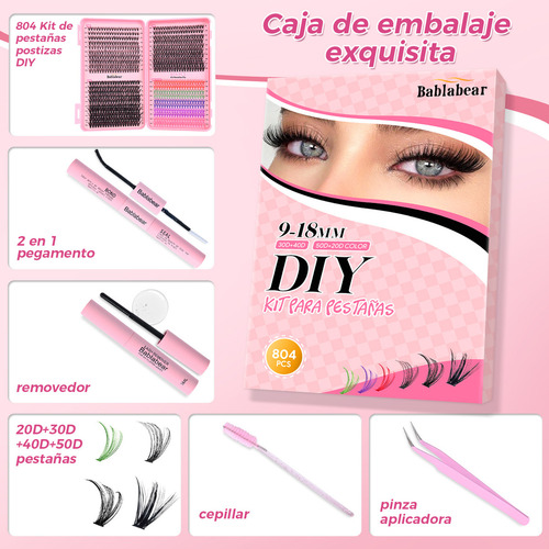 804 Kit Cilios Tufinho Postiços Bablabear Diy iniciante Extensão 9-18mm 30d+40d+50d+20d com cola e removedo