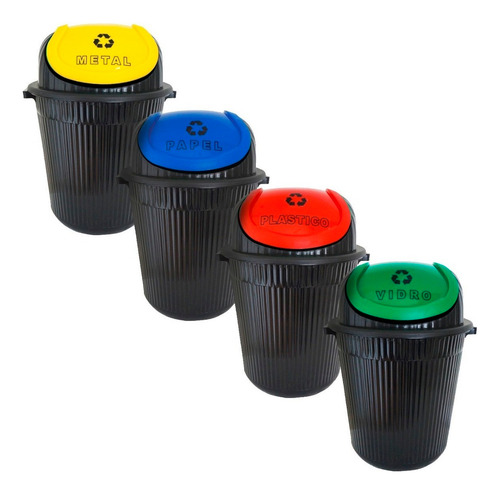 Kit Lixeiras Reciclagem Lixo 86 L Vidro Papel Plástico Metal Cor Preto