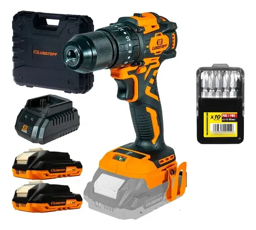 Taladro Atornillador Percutor Lusqtoff 18v 2 Bat + Puntas Naranja