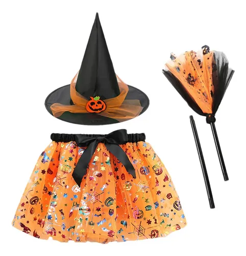 Disfraz De Bruja Con Luces LED Para Niña - Incluye Vestido, Sombrero, Varita Y Bolsa, Para Halloween Y Fiestas