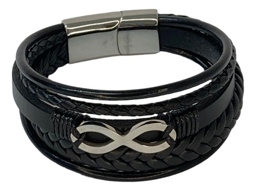 Pulsera De Cuero 5 Hileras Con Dije Infinito Unisex Negra