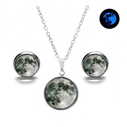 Collar Luna Brilla Oscuridad Fluorescente Con Aretes Mujer