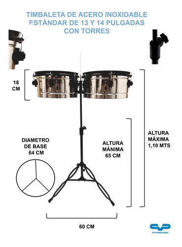Imagen 3 de 9 de Timbaleta Acero Inoxi Pyp_percusion Pata Doble Planchuela