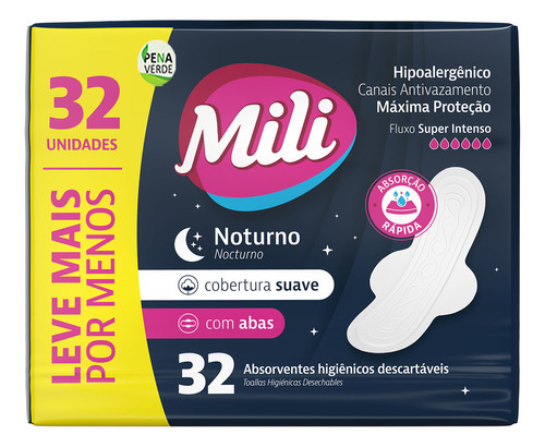 Kit 512 Unidades Absorventes Noturno Mili Cobertura Suave