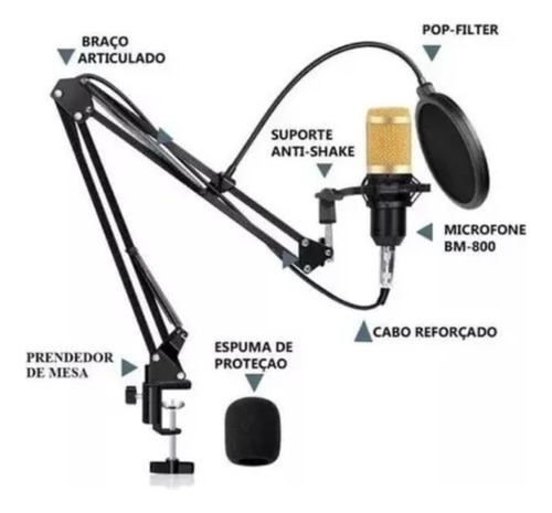 Kit Microfone Condensador Lorben Bm800 Cabo Xlr/p2 Top Cor Preto Dourado