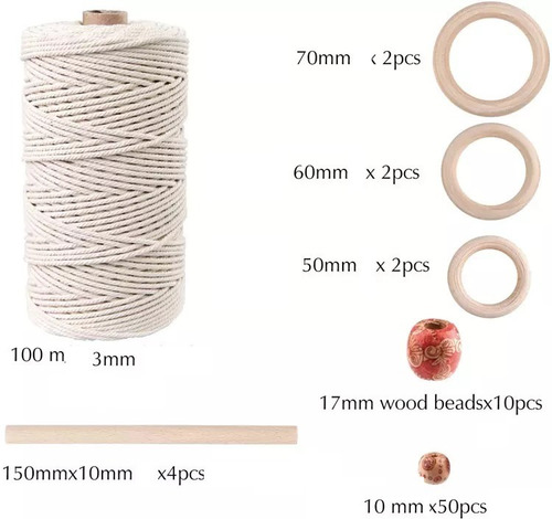 Imagen 2 de 2 de Kit Macramé 70 Accesorios Madera, 100 M Cordon Algodon 3 Mm