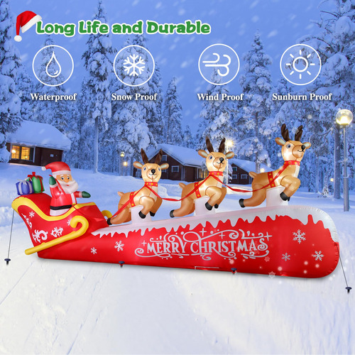 Papá Noel Inflable De Navidad 3 Renos 3.66 Metros Luces Led