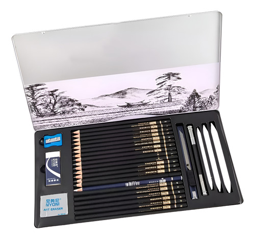 Kit De Lápices De Dibujo Estuche Metálico - 29 Piezas Negro