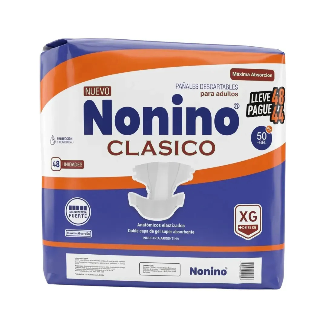 48 Pañales Anatómicos Elastizados Nonino Extra Grande (xg)