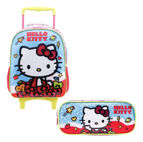 Kit Mochila Com Rodinhas G + Estojo Duplo - Hello Kitty