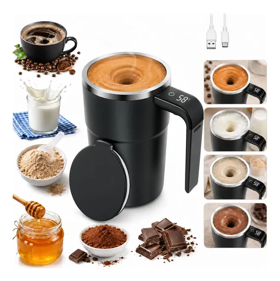 Caneca Mixer Misturador Bebidas Whey Leite Café Eletrico Usb Preto
