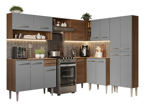 Mueble de Cocina de Esquina Completa Madesa Emilly 417cm 02 Color Rústico/Gris