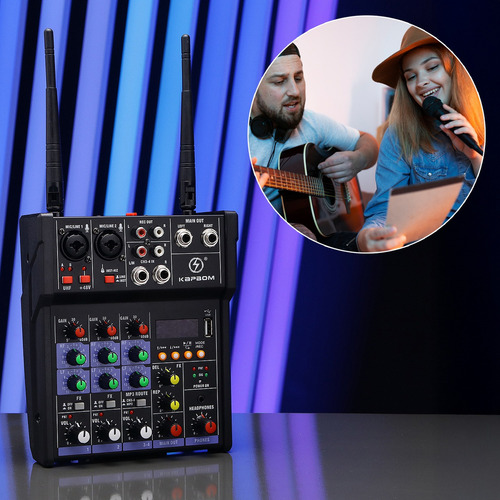 Mesa De Som Mixer 4 Canais Profissional 2 Microfone Sem Fio