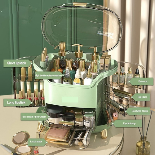 Caja de almacenamiento a prueba de polvo para cosméticos de lujo de escritorio, color verde claro
