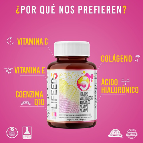 Imagen 2 de 8 de Lifeed Skin Colágeno, Ácido Hialurónico, Q10, Vitamina E Y C