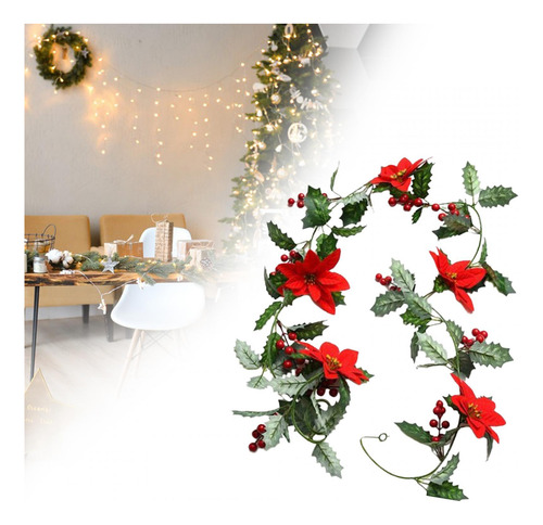 Guirnalda De Luces Navideñas Con Flores De Pascua, Hojas