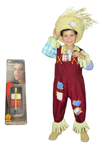 Disfraz De Espantapajaros Overol Con Camisa Y Maquillaje Clasico Multicolor Para Niño