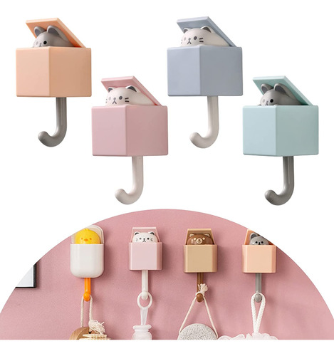 Ganchos Adhesivos De Pared Con Forma De Gato Decorativos X4