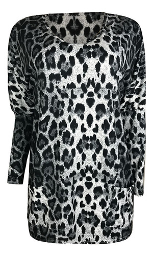 Blusa De Manga Larga Con Cuello En V Y Estampado De Leopardo