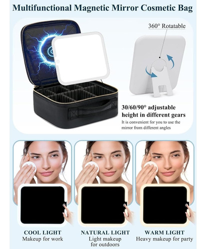 Bolsa De Cosméticos De Viaje Con Espejo Led 3 Tonos De Luz Negro