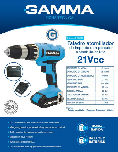 Imagen 3 de 9 de Taladro Atornillador Impacto Io Litio 21v Gamma 2 Bat G12301