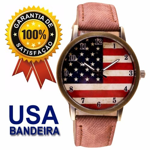 Relógio Vintage Bandeira Usa Pulseira Tecido Marrom