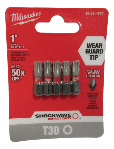 Set 5 Puntas T30 Torx Impacto 1'' Atornillar Milwaukee 4637