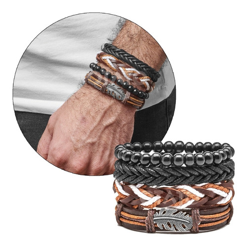 Pulsera Hombre Cuero Genuino Pulseras Hombres Set 4 En 1