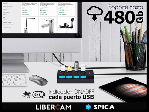 Hub Usb Multiplicador 4 Puertos Usb Spica Rhub-50 Luz Led Pc Notebook Color Negro