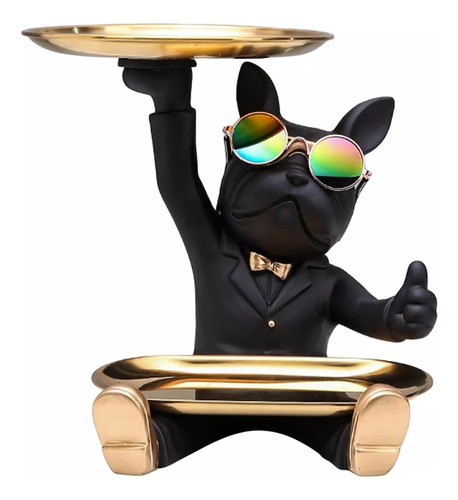 Escultura De Bulldog Francés, Figura De Perro Con Bandeja, Color Negro