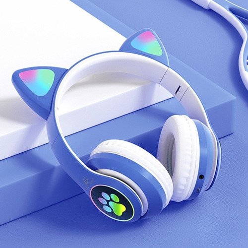 Diadema Gato Auriculares Bluetooth Colorido Led Luminoso Color Azul