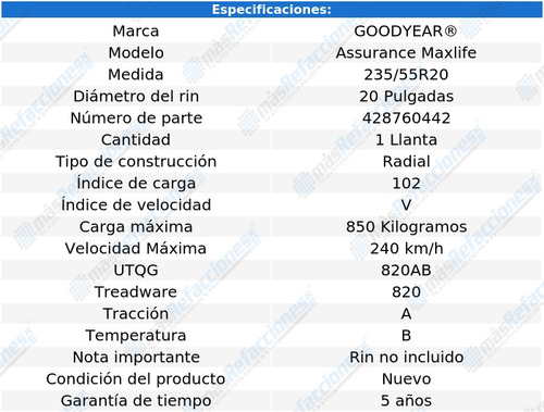 Llanta Goodyear 235/55r20 Assurance Maxlife 102v