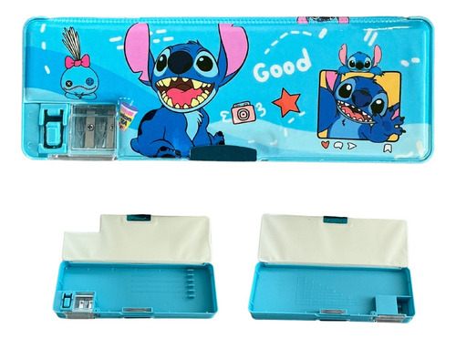 Lapicera Rígida Cartuchera Con Sacapuntas Capibara Stitch Lapicera Stitch Azul