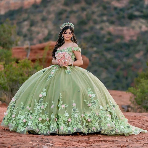 Vestido De Xv Quinceañera Verde Tul Brillante Con Flores