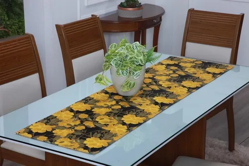 Camino de mesa con estampado jacquard, 1,40 m, flor amarilla