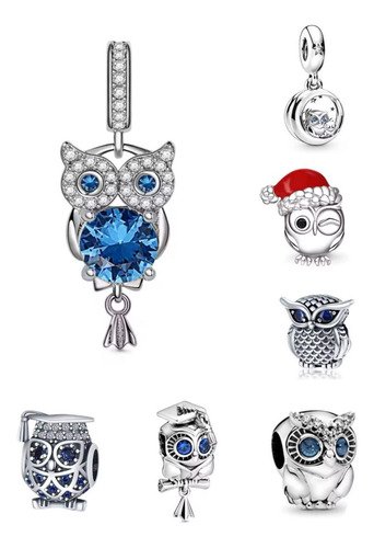 Dije Charm Colgante Buho Piedras Azules Pandor Plata S925 Buho Ojos Azules