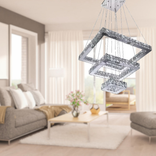 Pendente 3 Alianças Retangular Cristal - 100cm /85cm /70cm Estrutura Cinza 127/220V