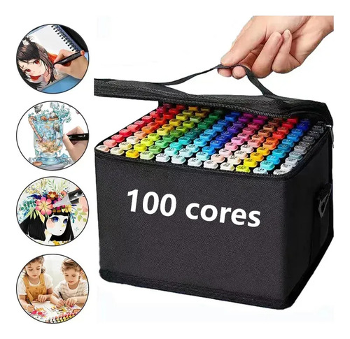 Q Kit 100 Canetas Permanentes Cores Vibrantes Ponta Dupla