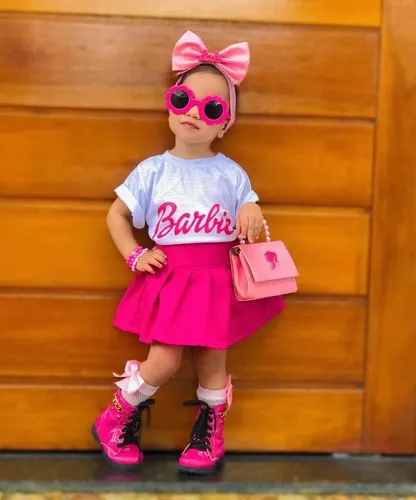 Vestido Barbie Branco e Rosa Tule Luxo Menina Infantil