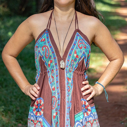 Imagem 4 de 4 de Vestido De Ponta Marrom Indiano Boho Hippie