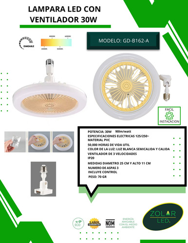 Lampara Led Con Ventilador 30w (3 Tonos De Luz)