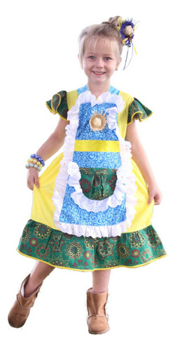 Vestido Festa Junina Infantil Verde, Amarelo E Azul